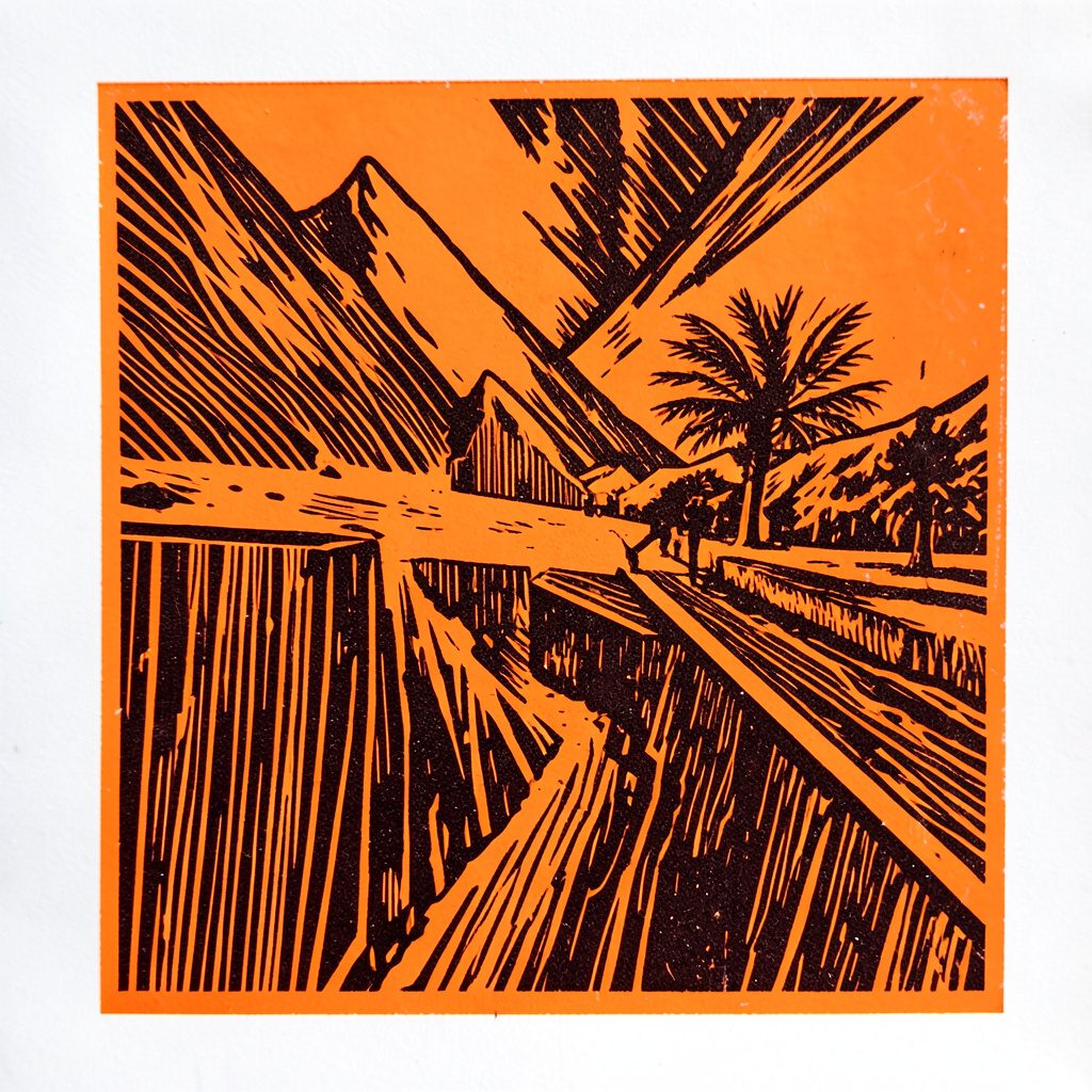 Carved linocut relief print depicting a flowing method diagram, warm orange accents