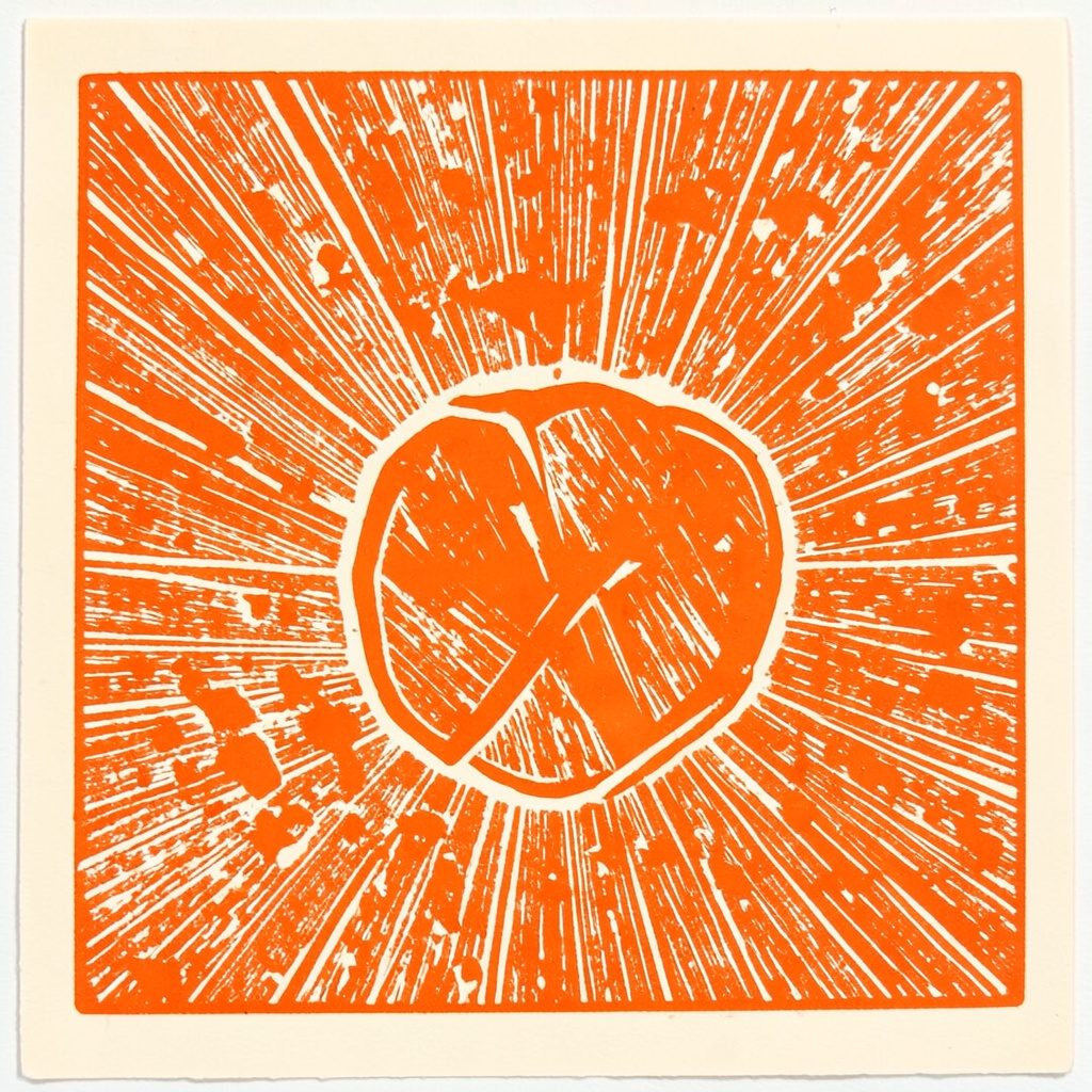 Carved linocut relief print of operator symbols scattered on a card, terracotta and cream palette