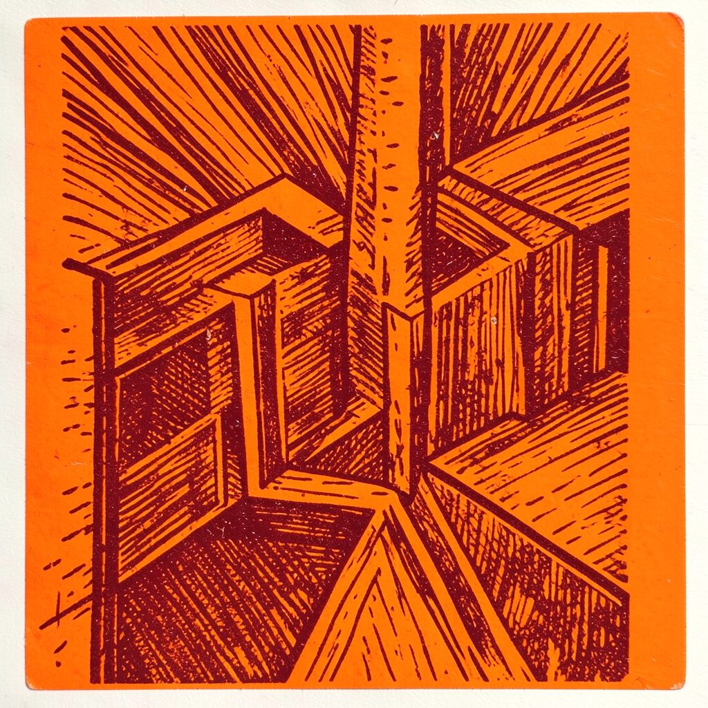 Carved linocut relief print of a form with a checkmark and pencil, warm orange and forest green tones