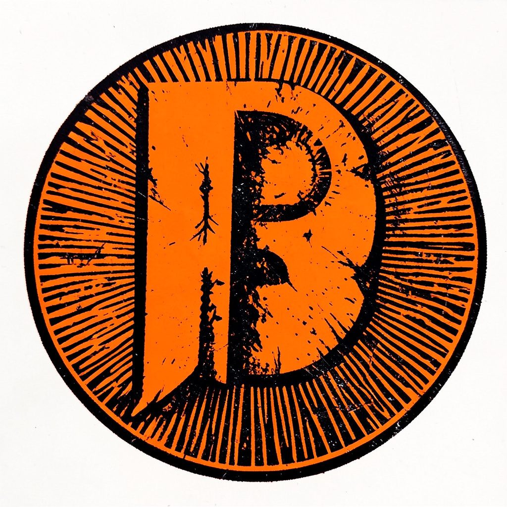 Small rounded square badge with a carved linocut style PHP letter mark in warm terracotta and cream tones