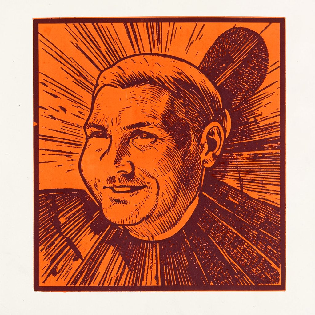Carved linocut relief print of a checklist and seal shape, forest green and warm orange tones, reassuring mood