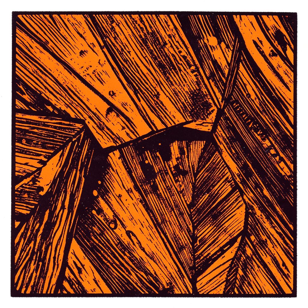 Wide carved linocut relief banner in deep forest green and warm terracotta showing abstract interlocking shapes suggesting code blocks and database tables